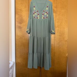 CLEARANCE SHEIN Green Long Sleeve Dress with Floral Embroidery